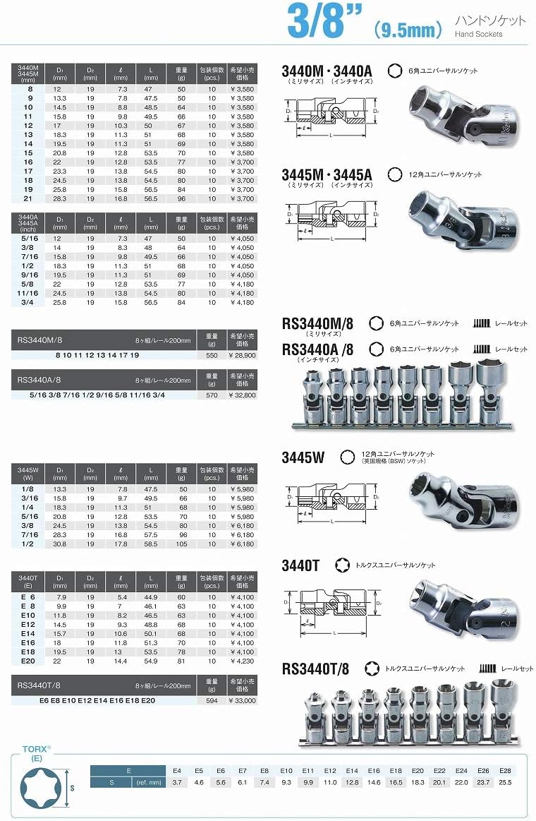 Ko-ken 3440T-E12 3/8 Sq. Dr. Universal TORX E12 Socket - Length 48.8mm