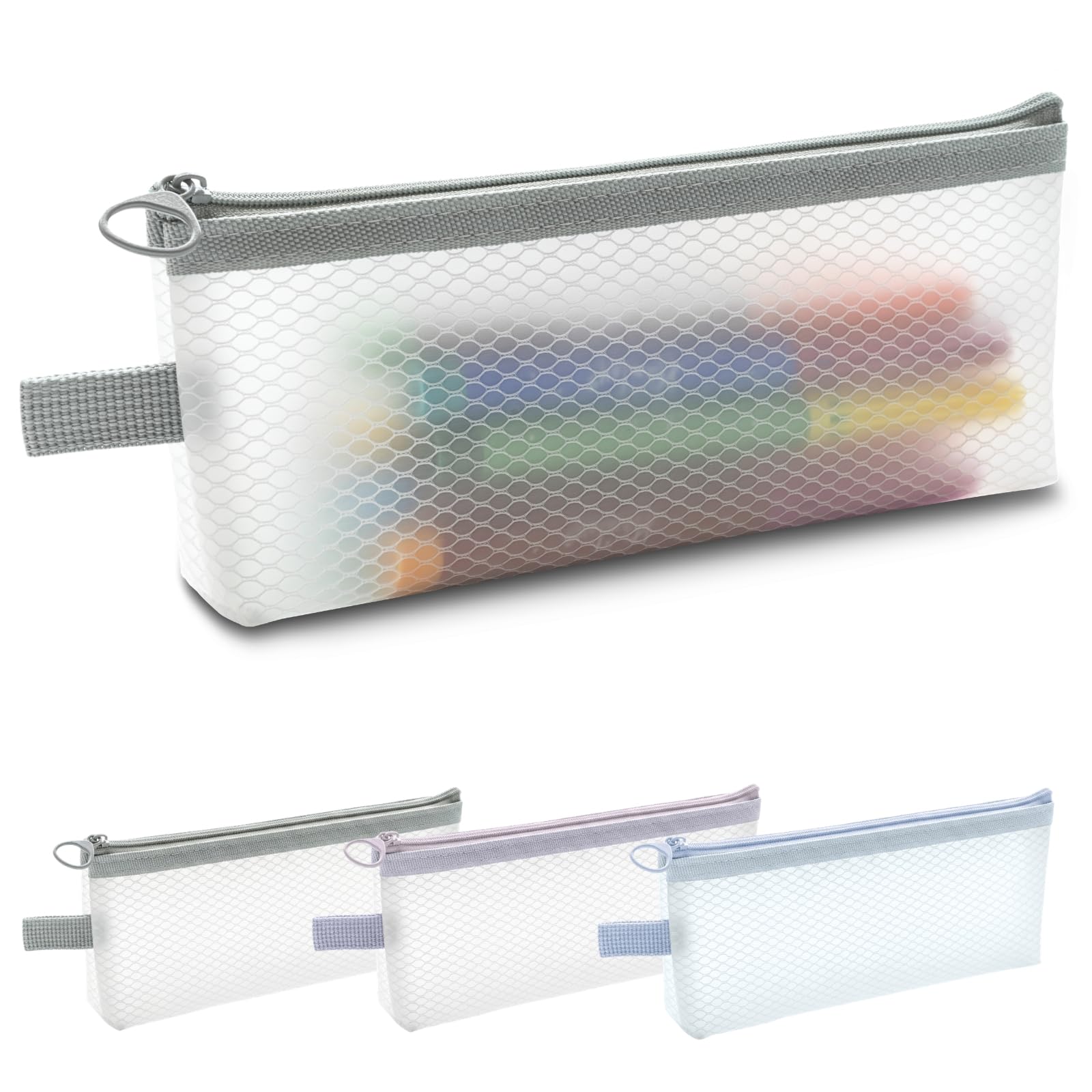 muuee EVA Mesh Pencil Case, Portable Waterproof Pencil Pouch, Eco-Friendly Clear Zipper Pen Bag for Adults & Students, Large Capacity Storage for Stationery, Toiletries, Makeup, Travel (White-Grey)