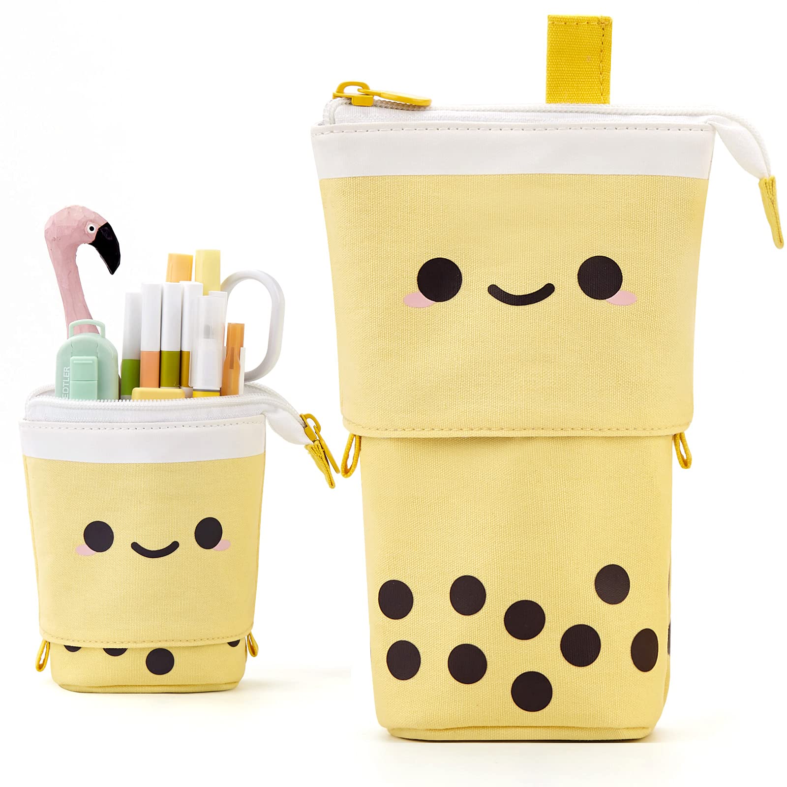 ANGOOBABY Cute Pencil Case Standing Pen Holder Telescopic Makeup Pouch Pop Up Cosmetics Bag with Kawaii Smile Face Stationery case Office Organizer Box for Girls Students Women Adult (Yellow)