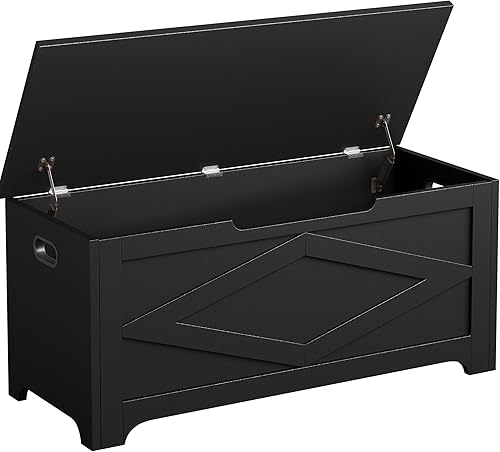 GAOMON Baúl de almacenamiento, banco de almacenamiento con bisagra de seguridad, baúl de madera estilo granja para entrada, dormitorio, sala de Negro