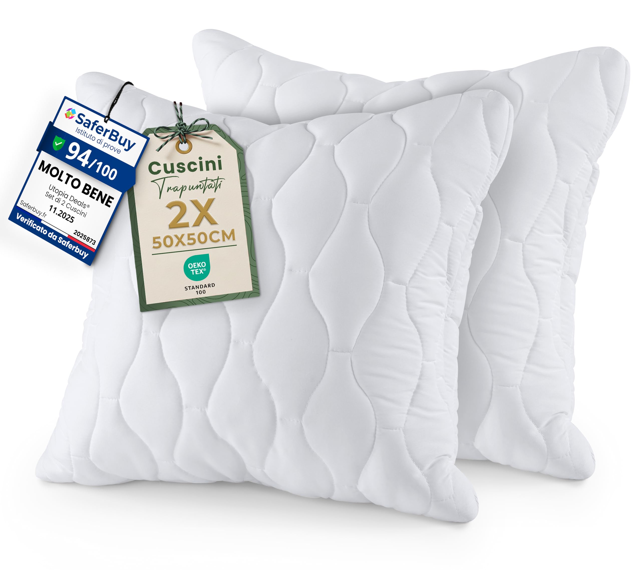 Utopia Bedding Cuscini trapuntati (Confezione da 2) 50 x 50 cm, Cuscini decorativi per letto e divano (Bianco)