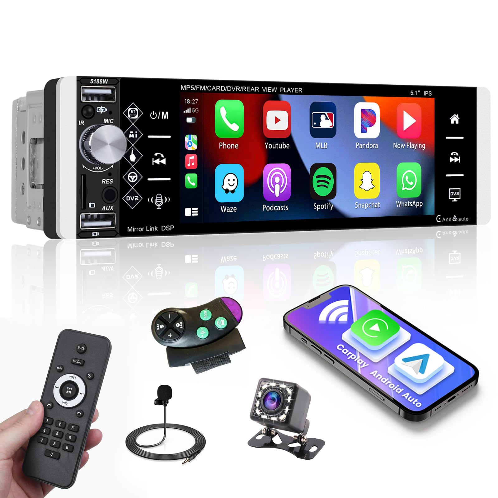 5.1" Touchscreen Single Din Radio Carplay Android Auto Car Stereo with Bluetooth Car Audio Receiver FM EQ SWC TF AUX USB with Backup Camera