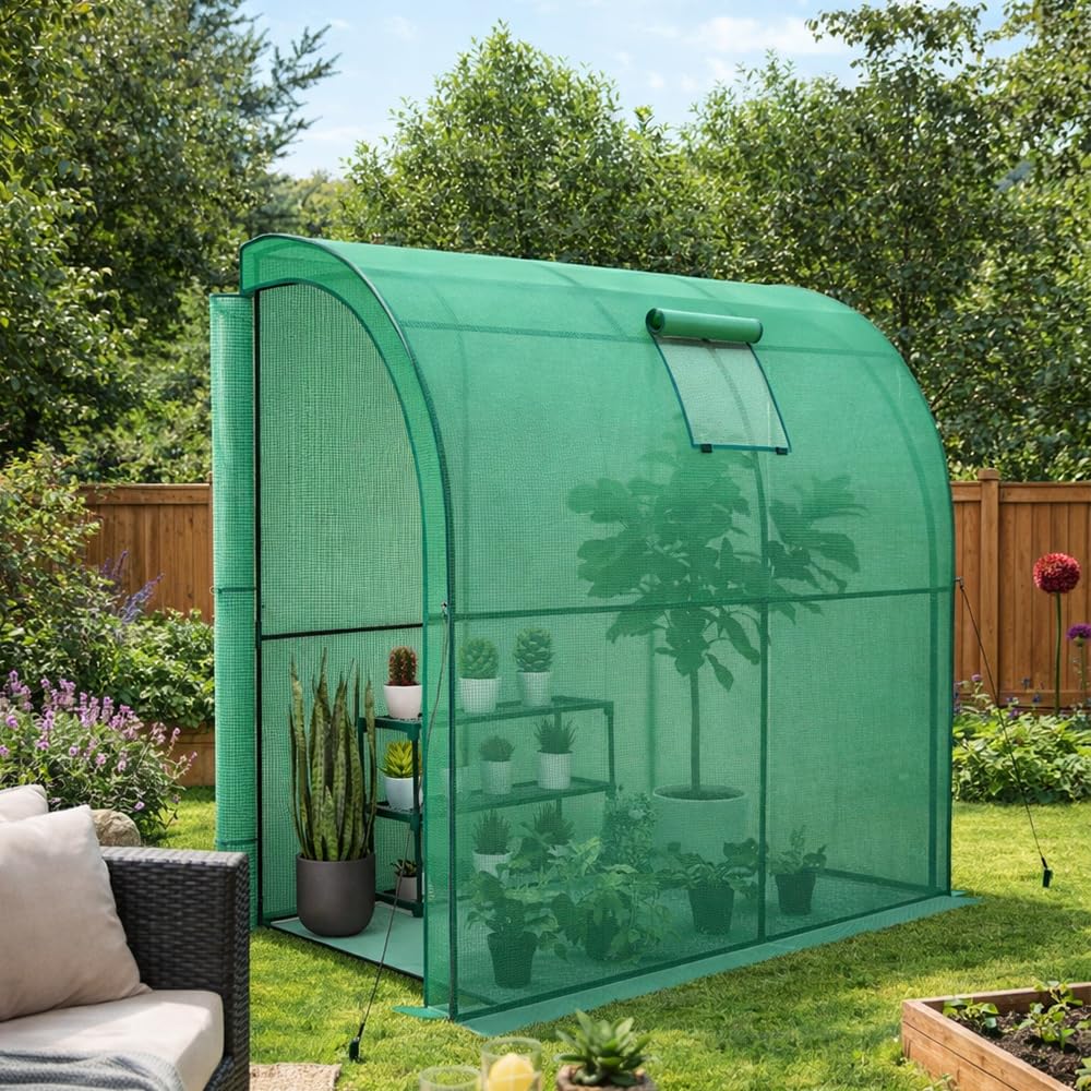 KANWOD Serra a Parete da Giardino con Scaffale, Finestra e 2 Porte Avvolgibili, Invernale, Robusta, Stabile e Facile da Montare, Serra orto per Protezione Piante, Verdure, Fiori 200x100x210 cm, Verde