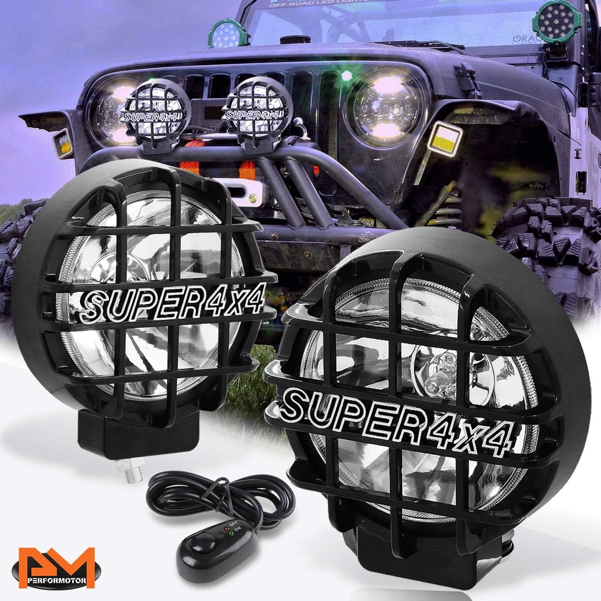 PM PERFORMOTOR Universal 6" Round Fog Lights w/Super 4X4 Protective Stone Guard+Switch,Black Housing/Amber Lens