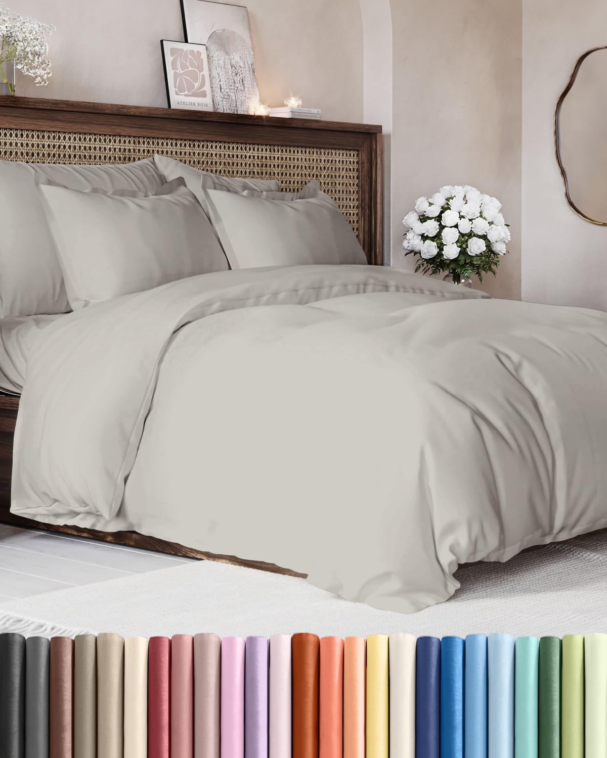 Duvet Cover Queen Size - Soft 3 Piece with Zipper Closure - Light Grey