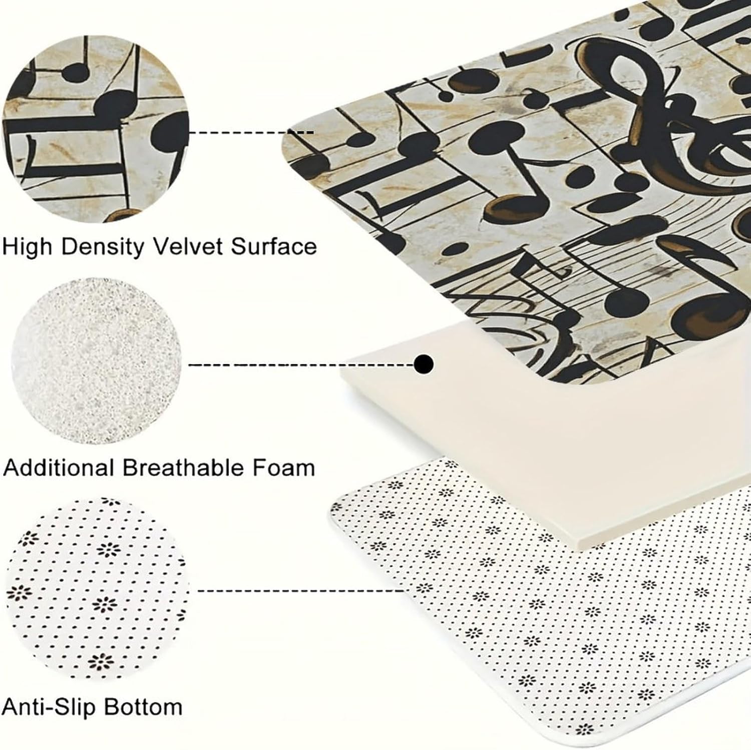 Music Notes Kitchen Mats Soft Absorbent Rugs for Floor Non Slip Washable Kitchen Mats Fashion Rectangular Rugs for Three-Piece Set for Laundry Office Home Sink