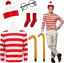 5 Pieces Red and White Striped Wally Costume for Adults, World Book Day, Red and White Striped T-Shirt Beanie Hat Glasses Inflatable Stick Socks Classic Cosplay Costumes for World Day