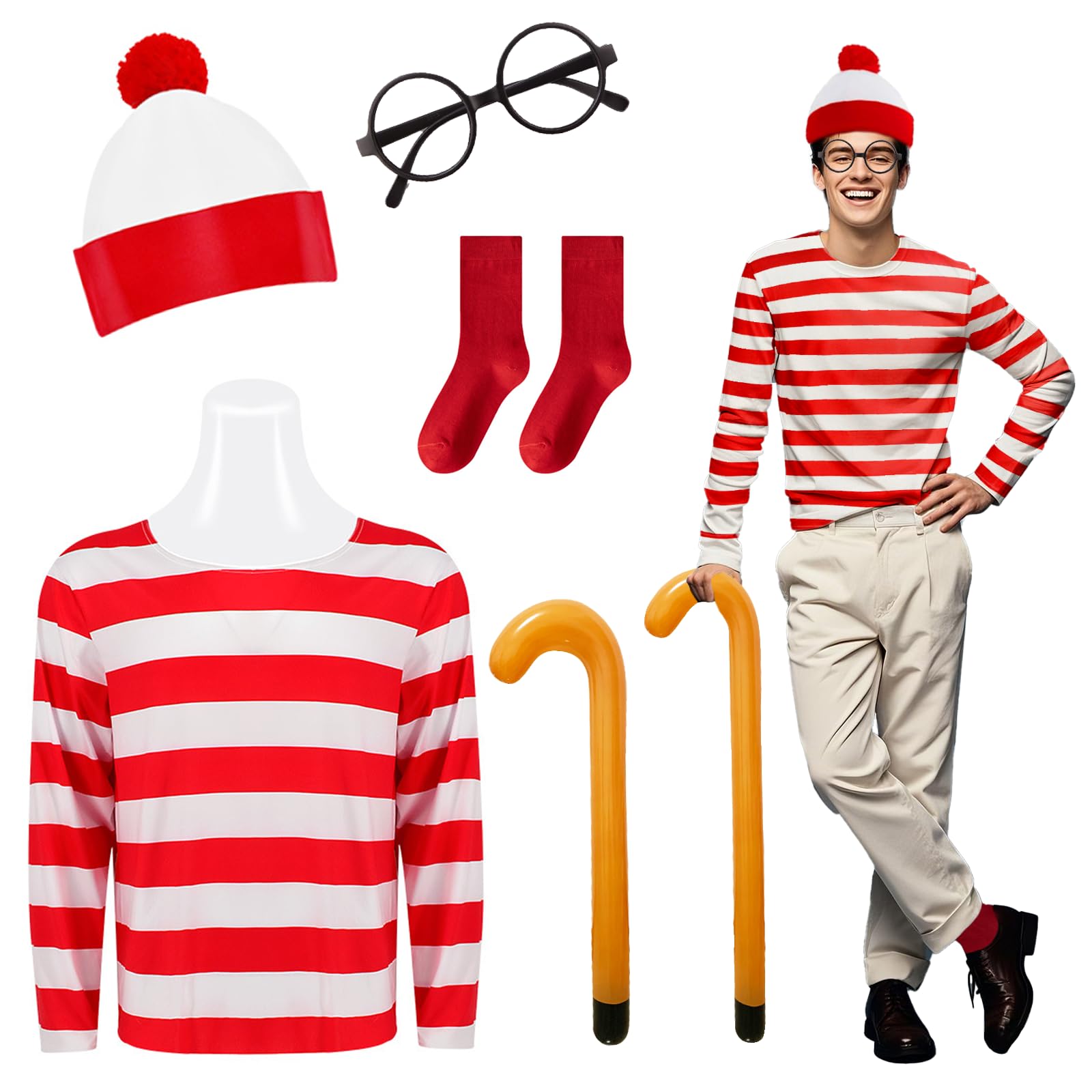 5 Pcs Red and White Striped Wally Costume for Adult, World Book Day Fancy Dress Red and White Stripe T-Shirt Beanie Hat Glasses Inflatable Cane Socks, Classic Cosplay Costumes for World Book Day - M