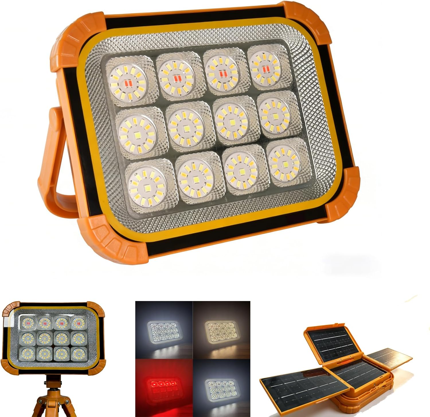 24000mAh Rechargeable Solar Work Light with 4 Solar Panels, 20000LM White/Warm/Nature/RED Portable Flood Light, IPX5 Waterproof 4 Modes LED Job Site Lighting Flashlights Camping Fishing Car Repair