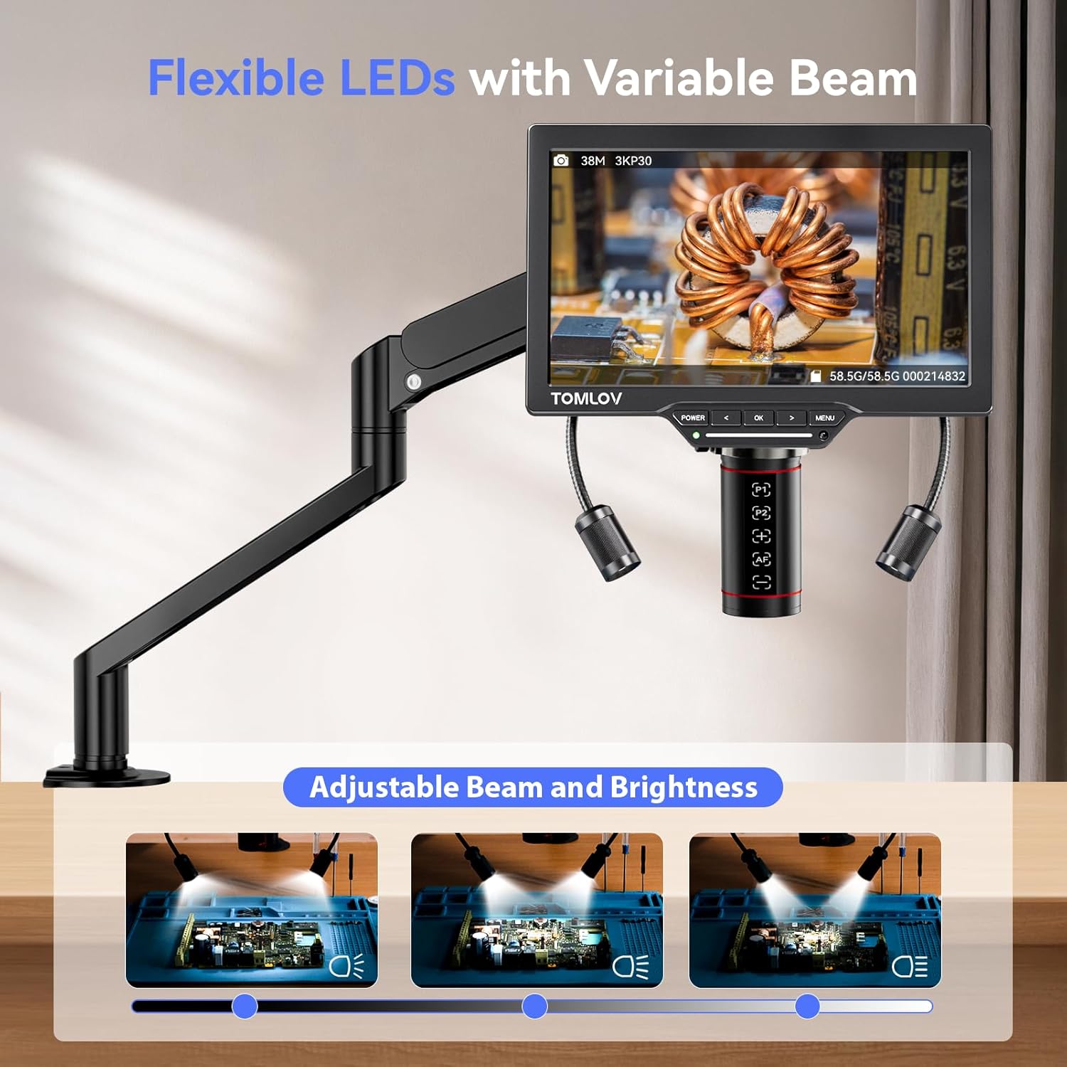 TOMLOV TM3K-AF Max Digital Microscope with adjustable gooseneck lights