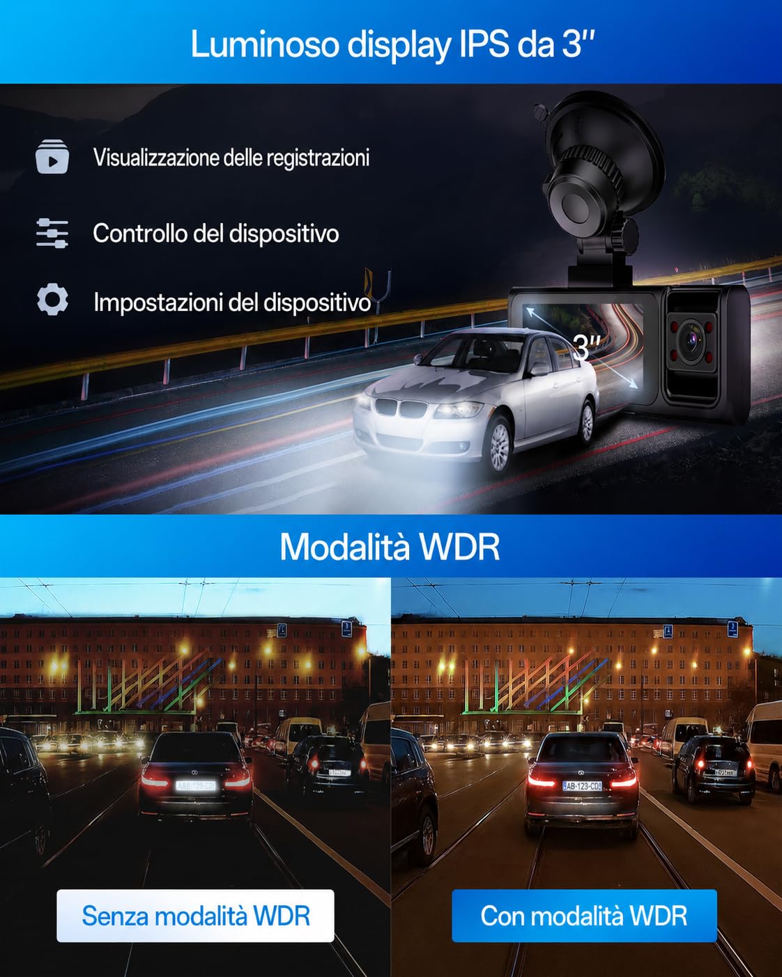 Phantom 3CH GPS Cámara para Coche Delantera, Interior y Trasera, Cámara Triple con GPS, Control por App WiFi, Visión Nocturna WDR, Gran Angular de 170°, Pantalla IPS de 3"