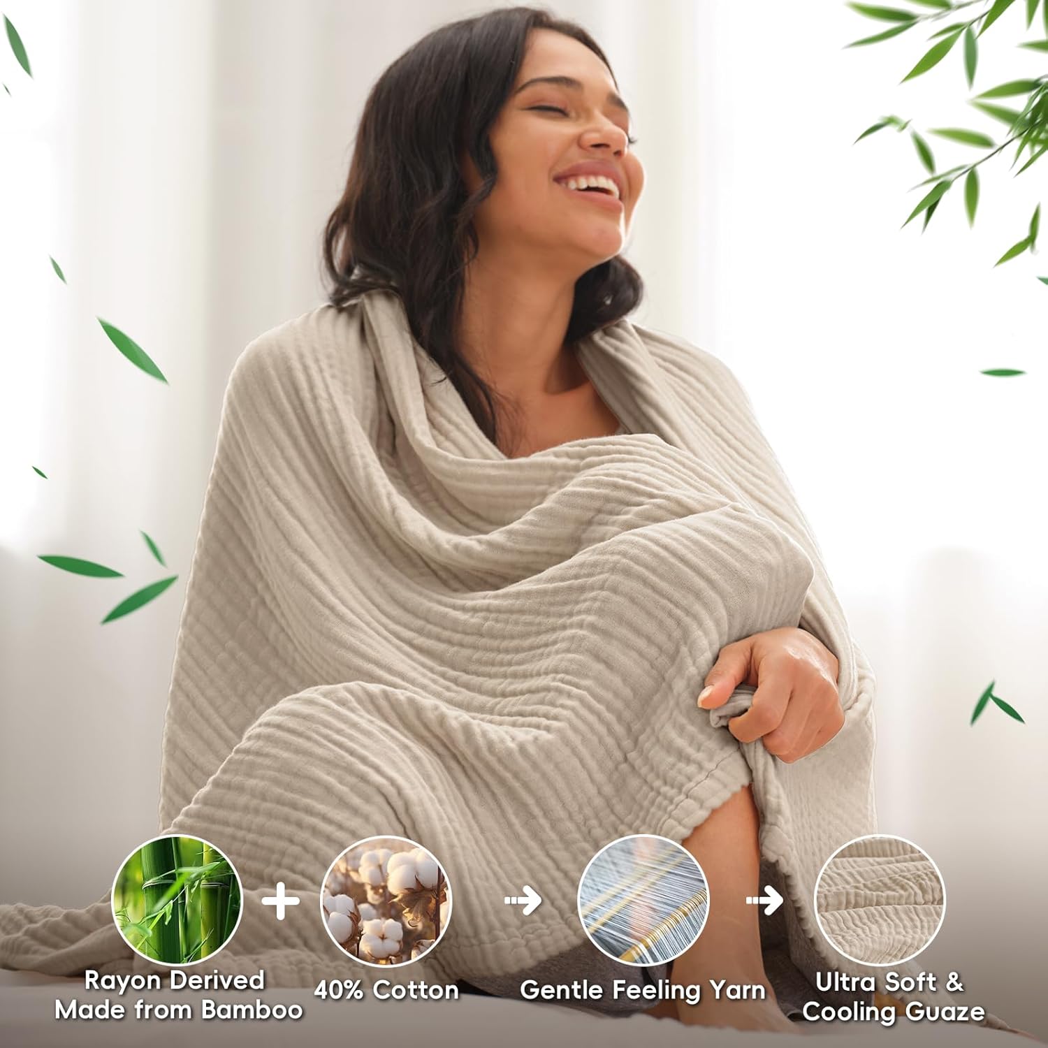 David's Home Soft Cooling Muslin Blanket Queen Size, 60% Rayon Derived from Bamboo 40% Cotton, Breathable Lightweight Blanket for Hot Sleepers, 4-Layer Cozy Gauze for Bed, 90"x90", Light Tan/Oat Milk - Image 5