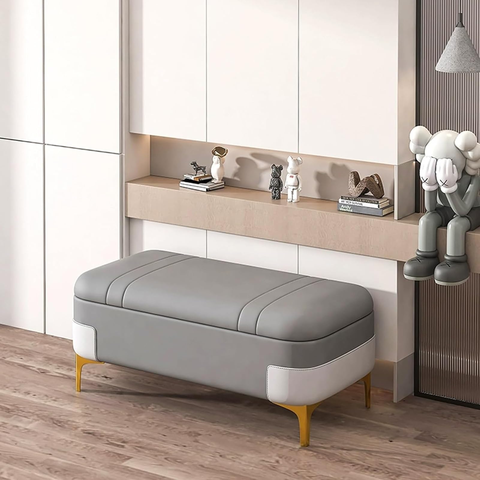 Banc à chaussures pour décoration de salon et assise de couloir moderne en tissu gris
