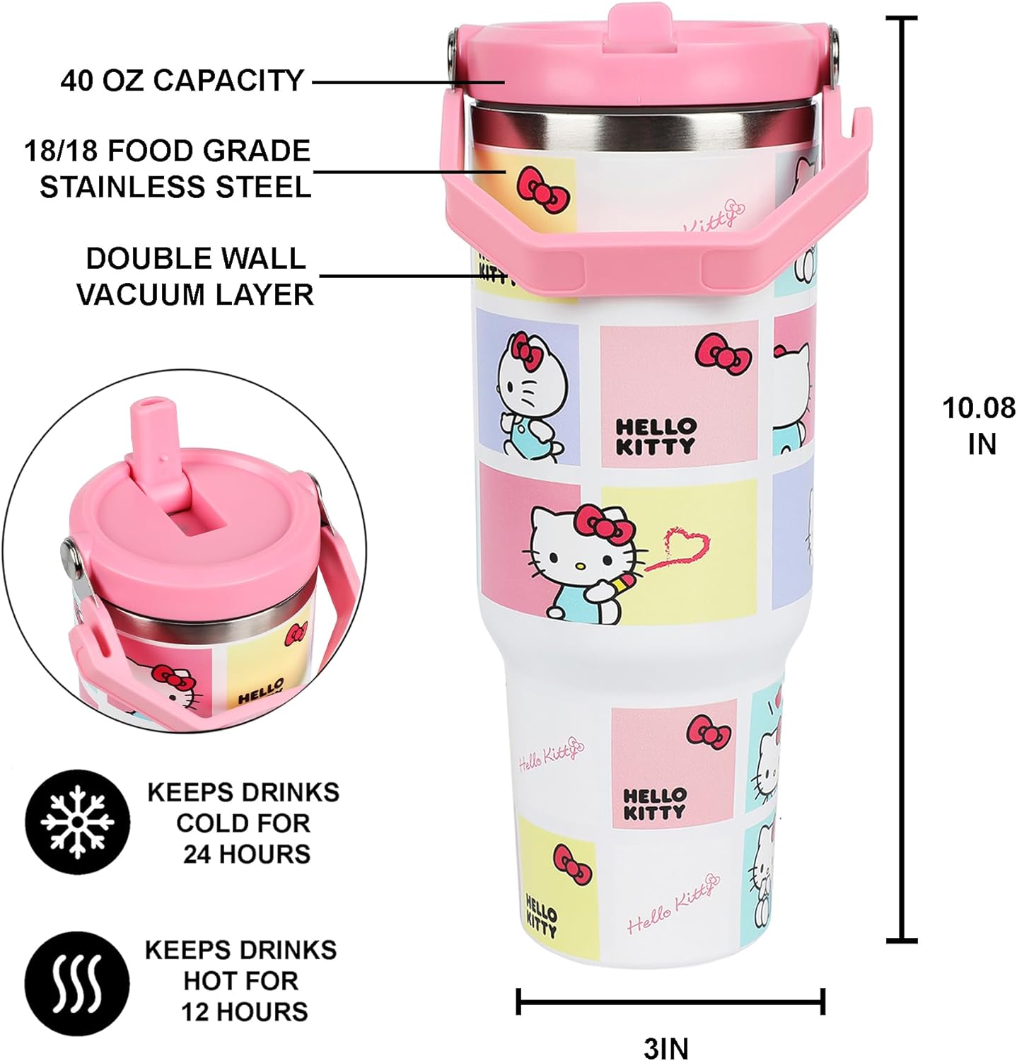 Bioworld Hello Kitty Character Squares White 40 Oz Stainless Steel Tumbler - Image 4