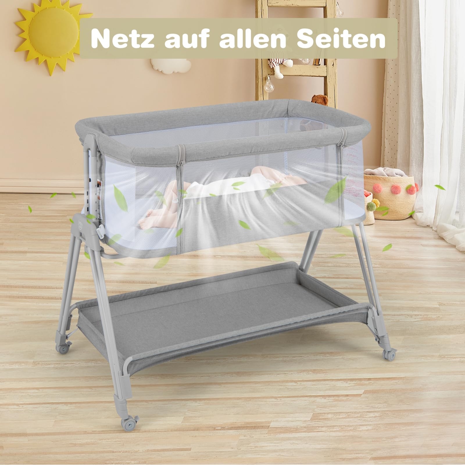 COSTWAY 2 in 1 Beistellbett & Stubenwagen klappbar, tragbare Babybett mit 7 verstellbaren Höhen & Matratze & Tragetasche & Gurte, verstellbare Reisebett für Neugeborene bis 6 Monate (Grau)