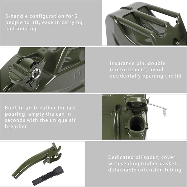 Metal Gas Can with Flexible Spout, Portable Fuel Tank Petrol Diesel Storage Can Water Container for Automobile Vehicle Off Road Emergency Supply (5L, Army Green) (10L, Army Green) - 2