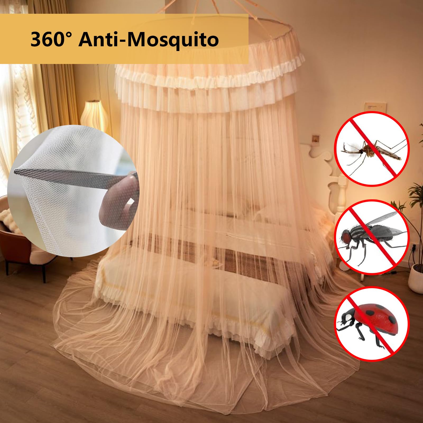 Rundes Spitzen Moskitonetz, Prinzessin Baldachin mit Rüschen, Hängendes Mückennetz Bett für Schlafzimmer Dekoration G 150 x 200cm