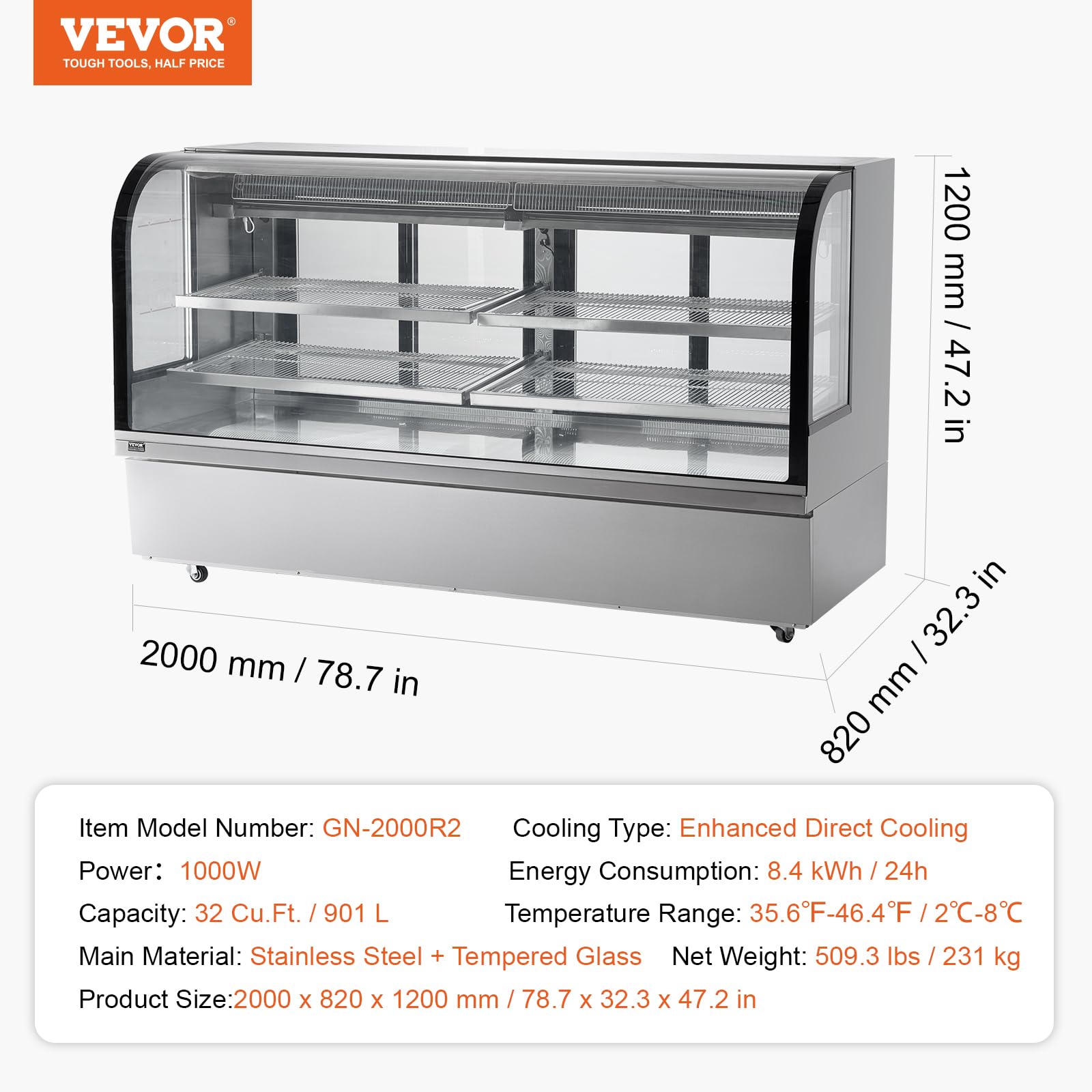 VEVOR Vitrina Refrigerada Vitrina Grande para Repostería de 901 L Refrigerador Comercial de 4 Niveles con Iluminación LED Refrigeración por Corriente Descendente Móvil con Ruedas para Panadería