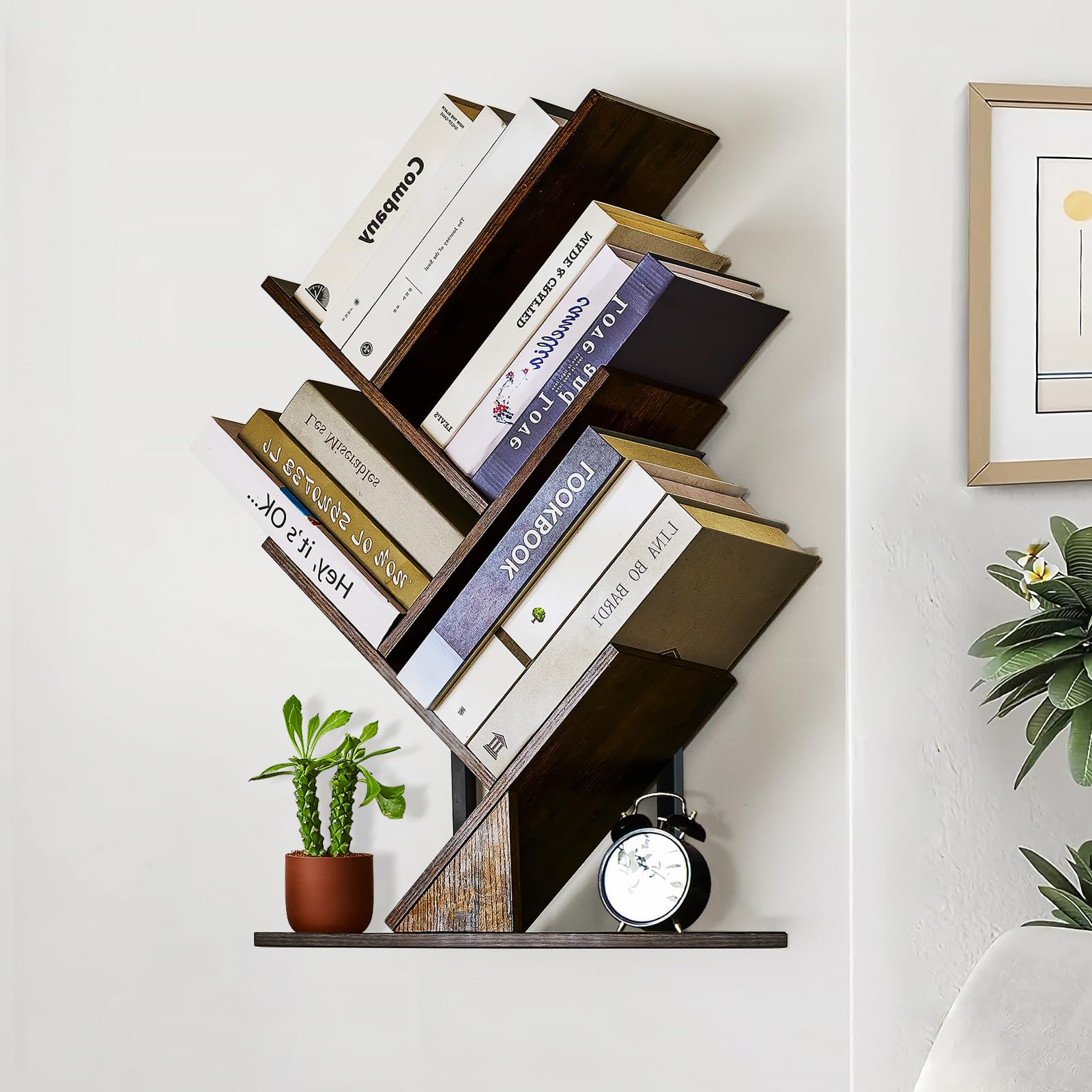 Wood Floating Hanging Shelves Storage for Wall, 4 Tier Wall Mount Tree Bookshelf for Displaying Books/CDs/Magazine, Unique Wall Bookcase for Home, Office, Living Room