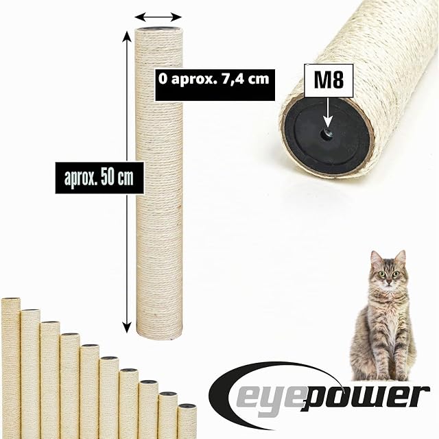 Foto 6 de 8 de eyepower Ø 7,4 cm: 50 cm Poste Rascador de Repuesto - Rosca M8 - Accesorio Fuerte para Árbol de Gatos