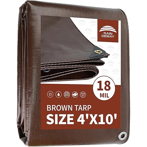 RAINDEWAY 4x10 Feet Super Heavy Duty 18 Mil Brown Poly Tarp Cover, UV Resistant, Weatherproof, Multipurpose Waterproof Poly Tarp with Grommets and Reinforced Edges