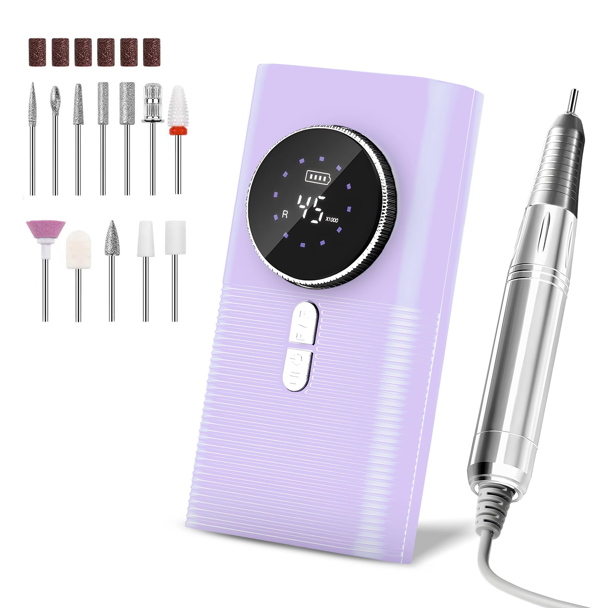 Ponceuse pour Ongles professionnelle 45000RPM - Puissante et Silencieuse -15H d'autonomie - Écran LCD - Embout Céramique - Manucure/Pédicure - 11 Embouts de ponçage - 6 bandes abrasive (LILAS)