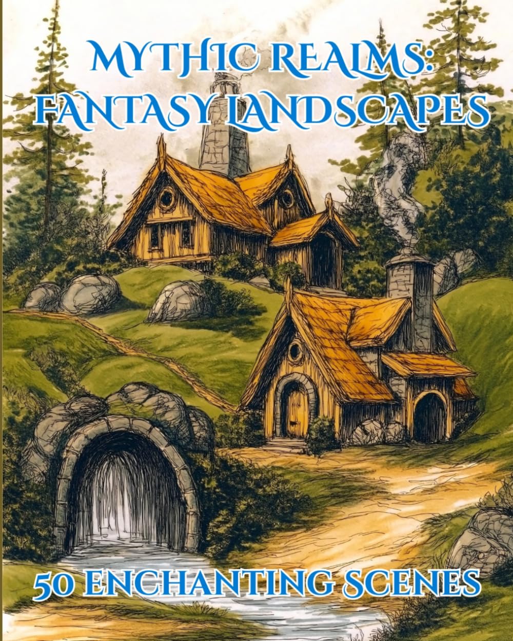 Mythic Realms: Fantasy Landscapes: 50 Enchanting Scenes: A High-Fantasy Coloring Book of Elven Realms, Dwarven Kingdoms, Cozy Valleys, and Mythical Scenery