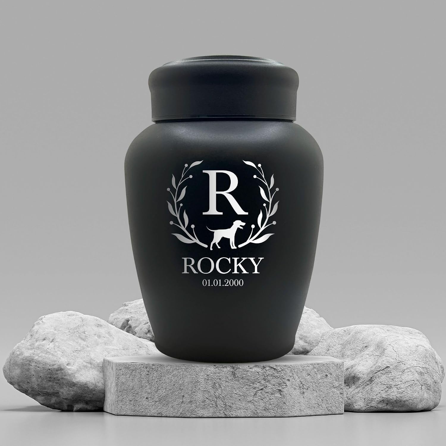 Personalized Custom Dog Urn Engraved Dog Name and Date - Stainless Steel Large Cremation urns for Dogs Ashes with Airtight Closure | up to 150 lbs Capacity | Flower Border
