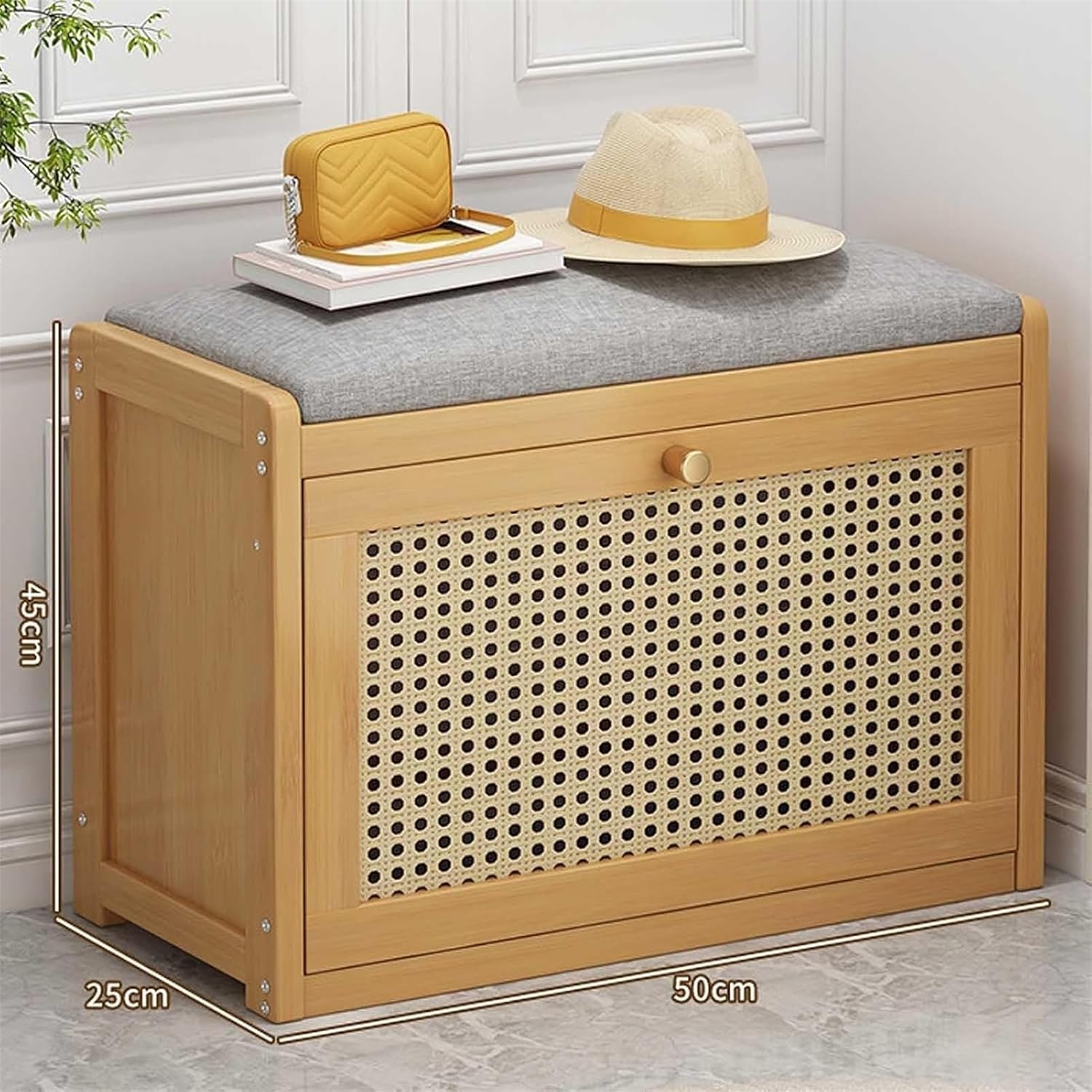 Bamboo Entryway Shoe Storage Bench with Rattan Drawers Space Saving Organizer Cabinet for Slim Enclosed Shoe Storage (Wood Color)