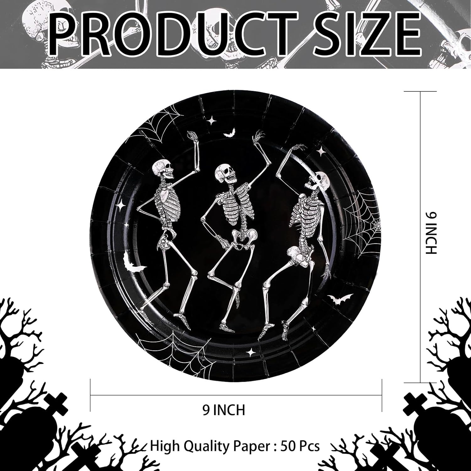 Grencian 50Pcs Halloween Paper Plates 9" Black White Smiling Skeleton Plates Disposable Skeleton Paper Plate Dinner Tableware Set for Halloween Holiday Skull Theme Party Decorations