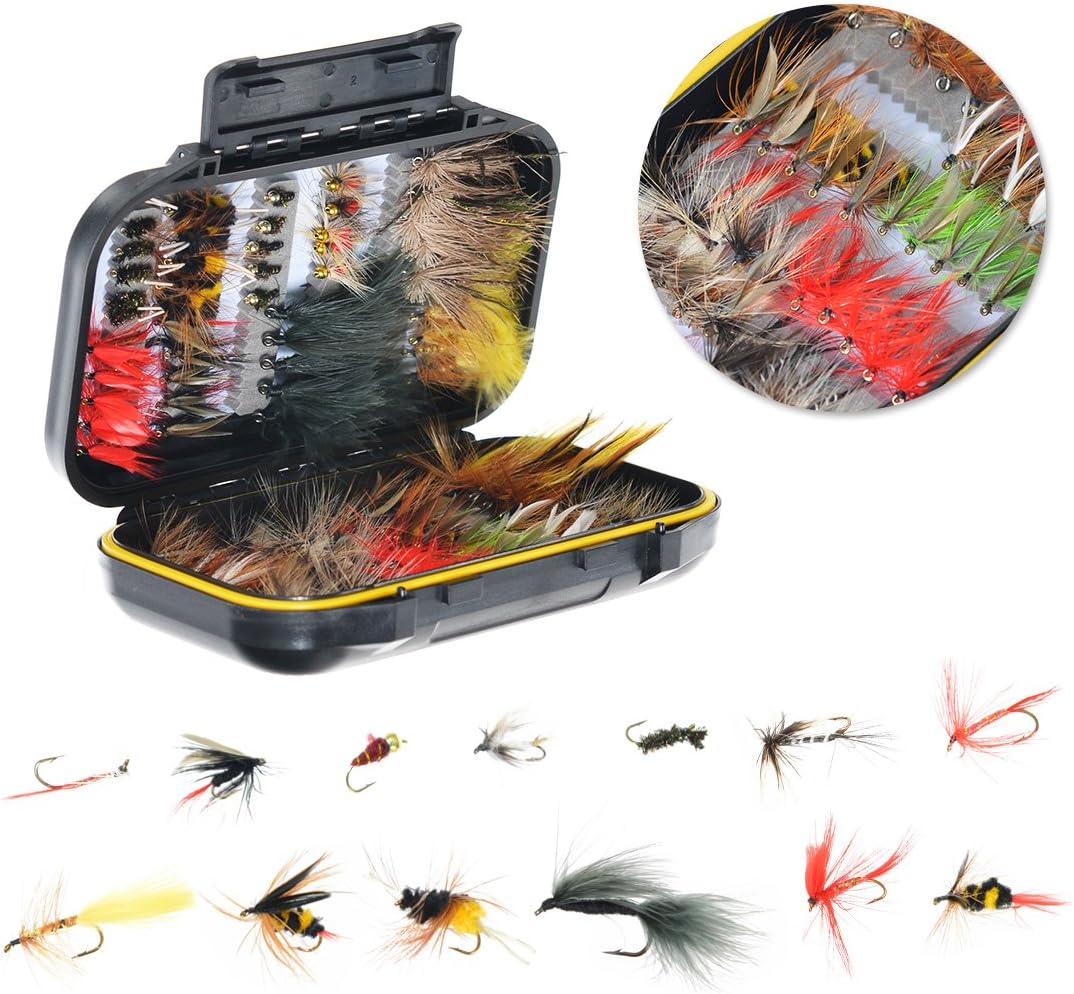 FISHINGSIR 100PCS Fly Fishing Flies Kit Assorted Flies Trout Flies Fly Fishing Lures with Waterproof Fly Box : Sports & Outdoors