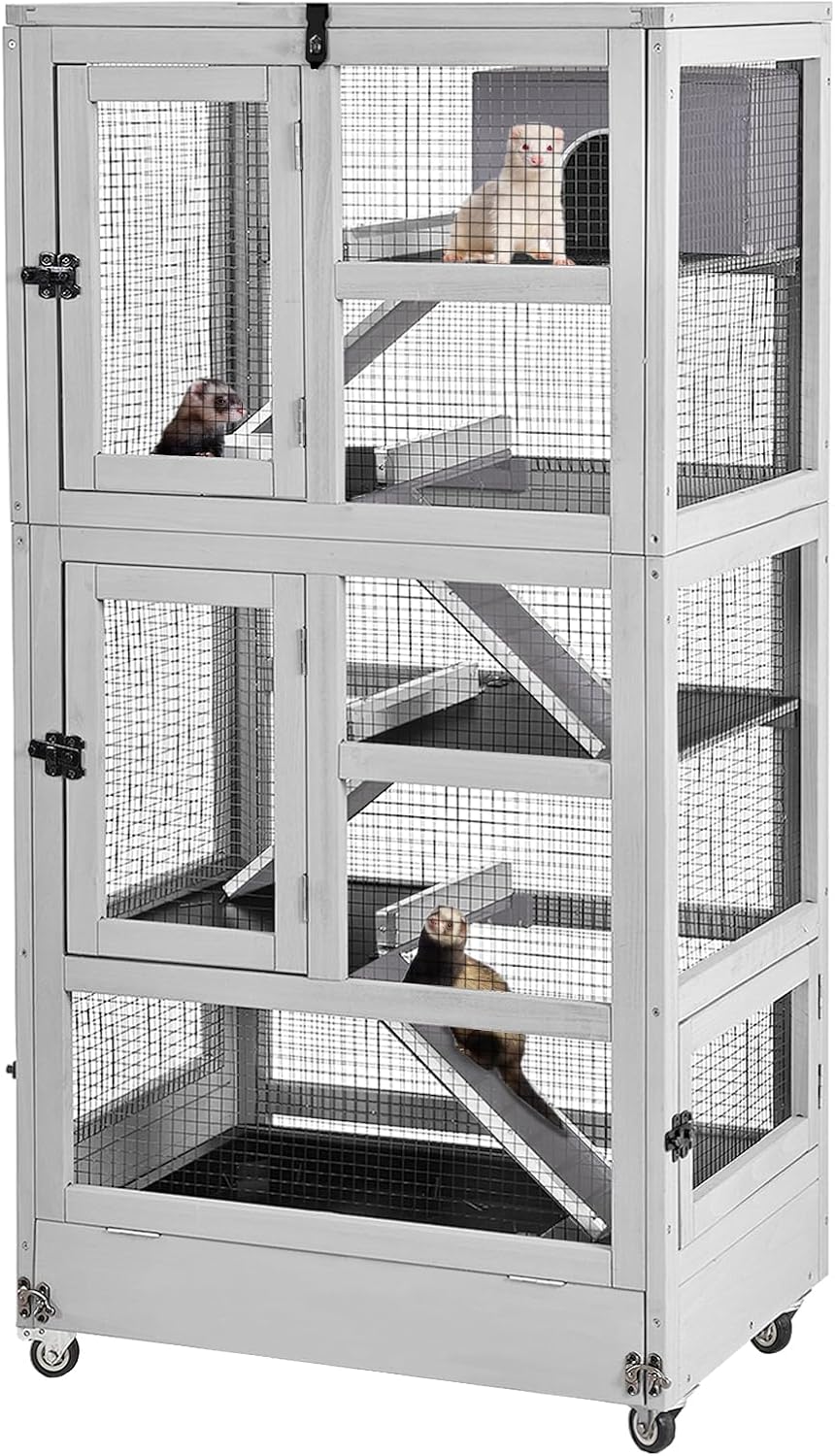 Aivituvin Ferret Cage 5 Levels Wooden Chinchilla Cage with Wheels Metal Frame Small Animal House Indoor Guinea Pig Cage