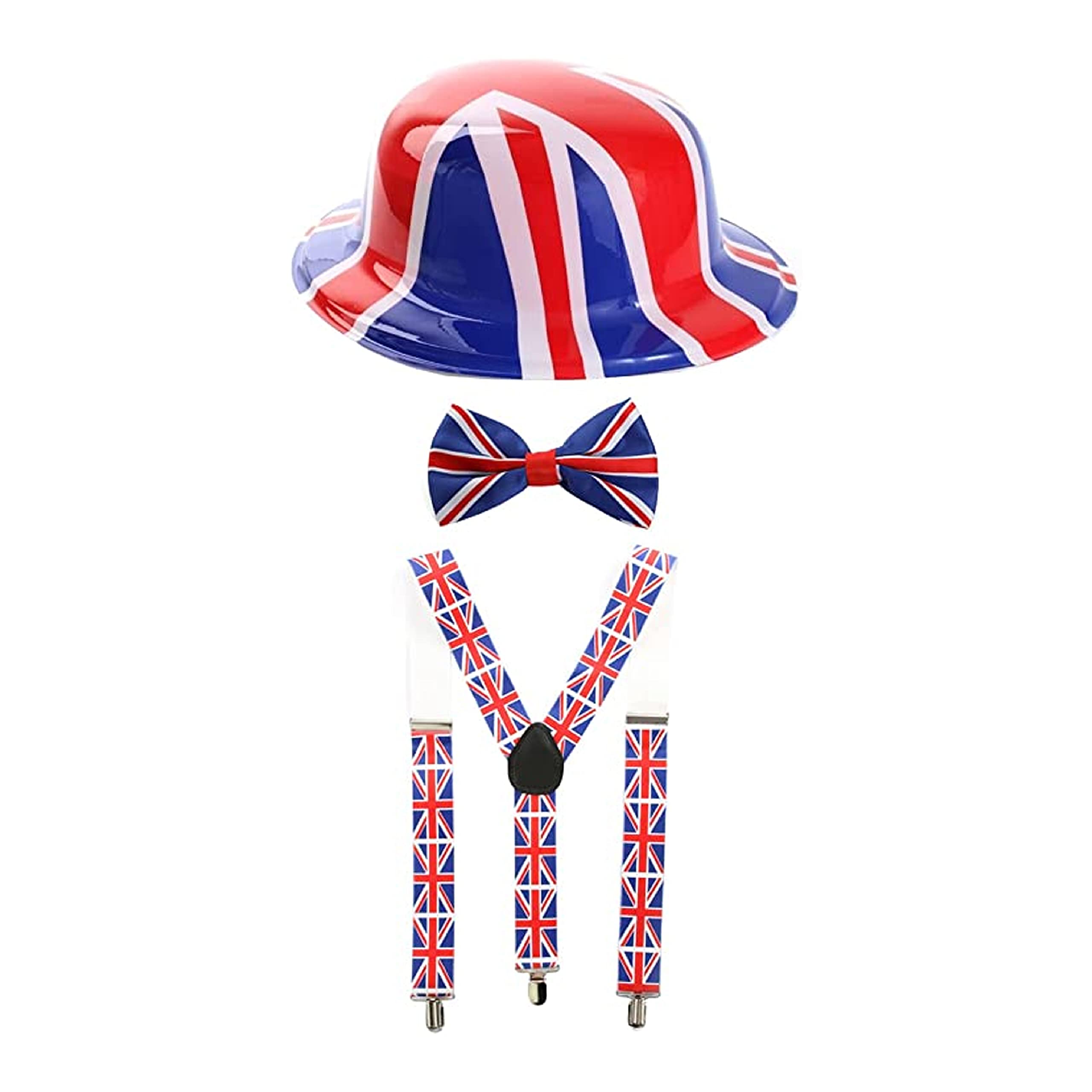 Union Jack Accessory Set - Pack Of 24 - Union Jack Braces, Union Jack Bowtie and Union Jack Bowler Hat - Adults King's Coronation VE Day Street Party Fancy Dress Costume