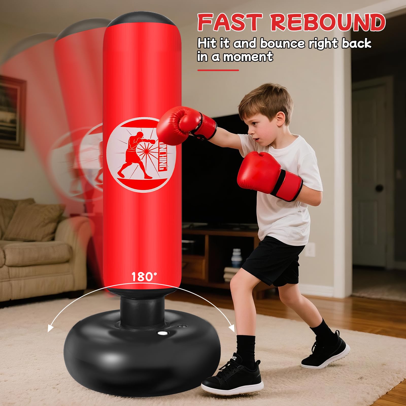 Ninonly Saco de Boxeo Niños, 160cm Saco de Boxeo Hinchable con Guantes y Bomba, Punching Ball 3 a 12 Años Regalos para Niños y Niñas, Bolsa de Box para Practicar MMA Karate Taekwondo