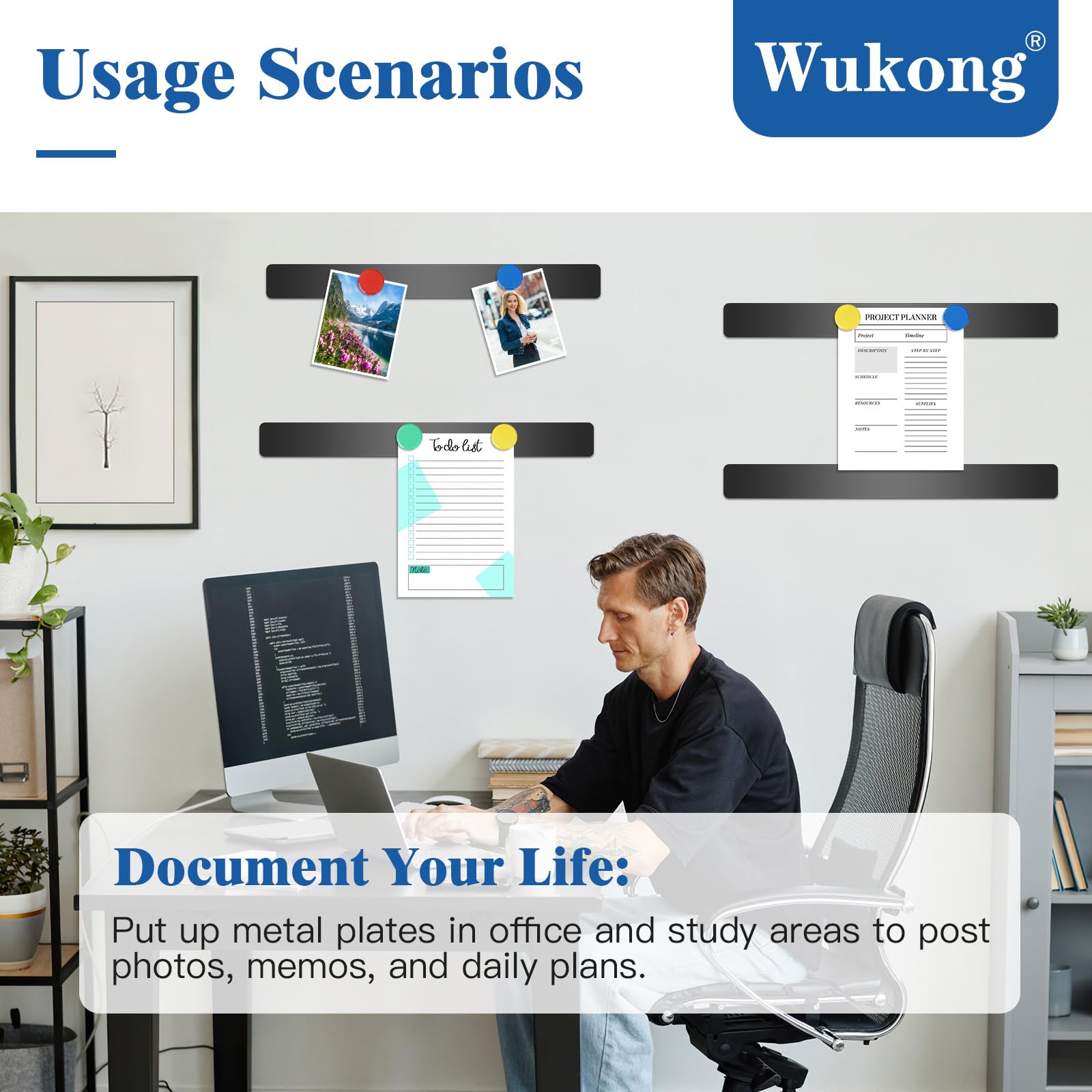 Wukong 30x3cm | 10 Piezas Negro Pizarra Magnética Pizarra Memo, Tablero de Anuncios Adhesivo con 32 Piezas Imanes de Colores para Oficina, Pizarra de Alfileres, Pared de Fotos, Hogar