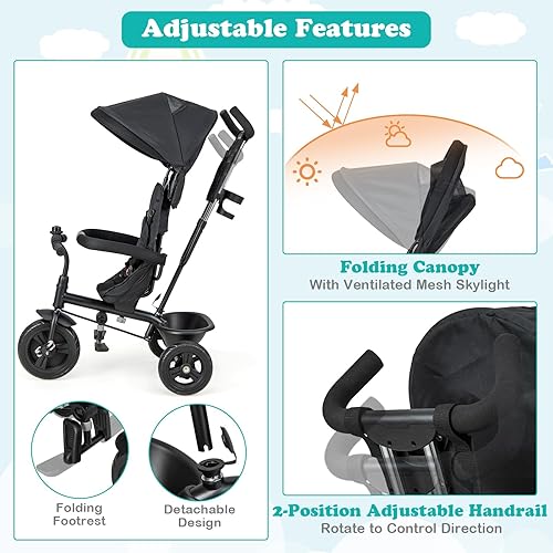 Miniatura 5 de HONEY JOY Triciclo, cochecito 4 en 1 para niños con asa de empuje ajustable y toldo, asiento reversible, cinturón de seguridad, pedal plegable,