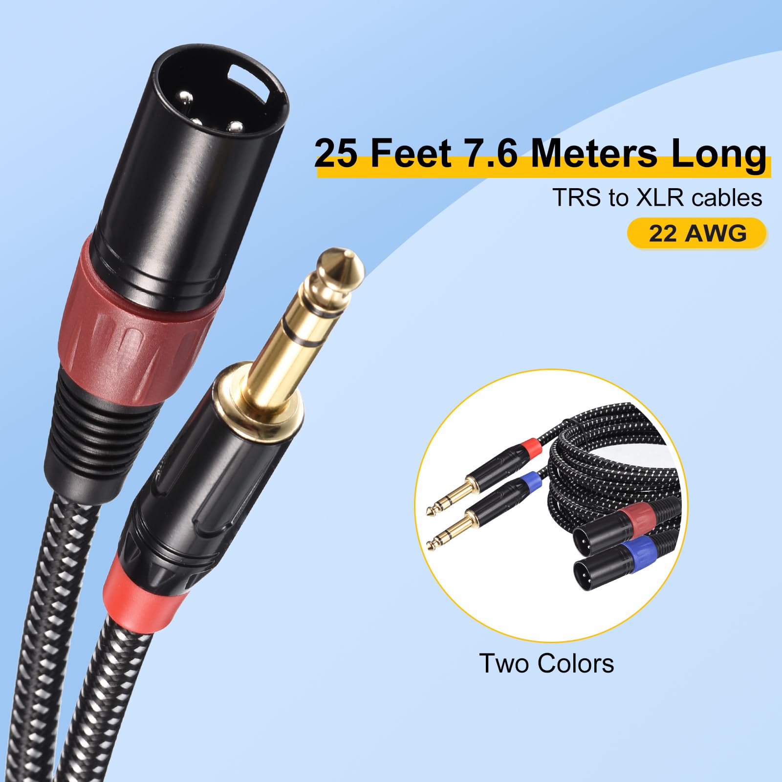 PATIKIL 1/4 Pulgadas TRS a XLR Macho Conexión Cables, 25 Pies 22AWG Micrófono Cables Nylon Trenzado Cable 6,35mm a 3 Pasadores XLR Altavoz Conexión Cables para Micrófono Mezclador 2uds