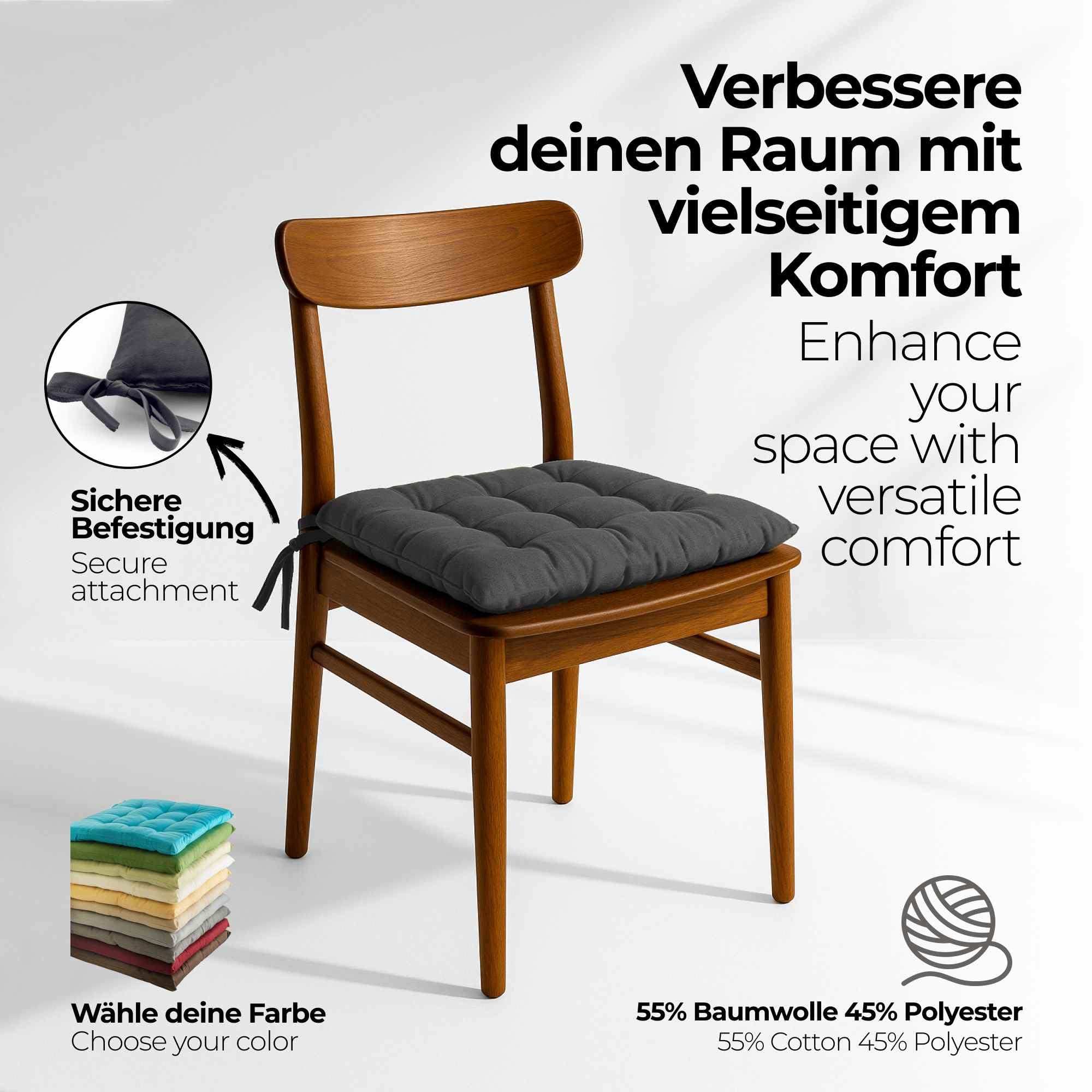etérea Basic Sitzkissen 40x40 cm 8er Set mit Bändern Anthrazit