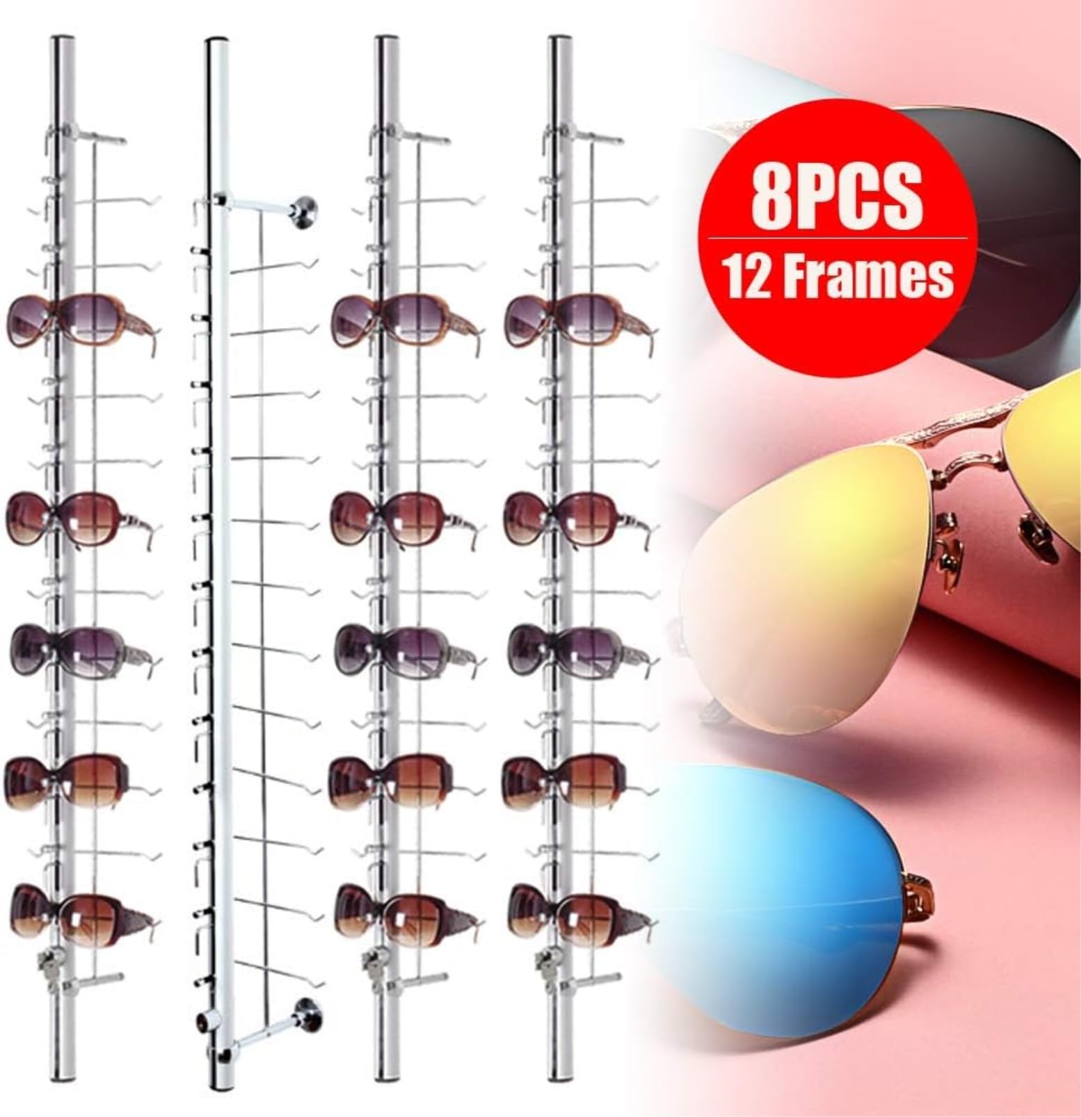 8 Paquete de Soporte de Soporte de Gafas montadas en la Pared Gafas de Sol bloqueables de Aluminio Gafas de Pantalla de Gafas para 12 Marcos 1.1m / 43.3in
