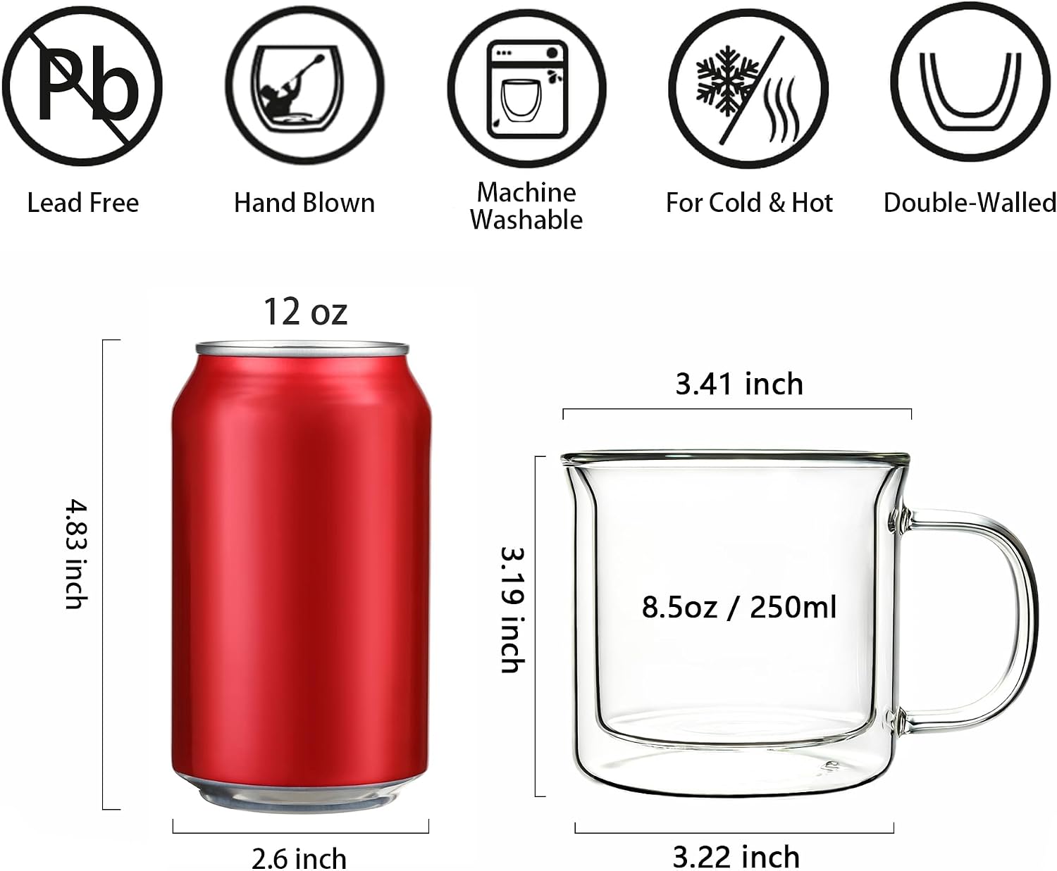 Double Walled Glass Coffee Mugs, 8.5oz Insulated Coffee Cups with Handle, Clear Espresso Mugs, Set of 2