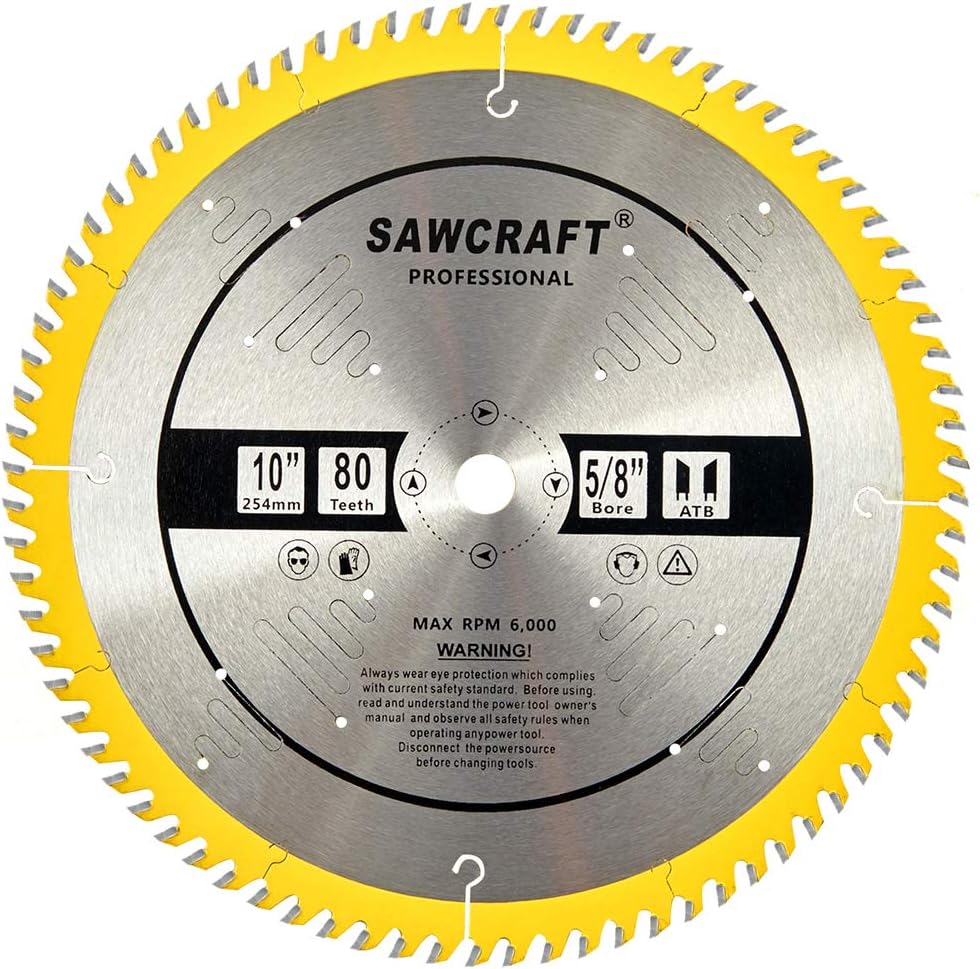 Sawcraft 10 Inch Circular Saw Blade 80 Tooth ATB Crosscutting Saw blades with 5/8'' Arbor and PermaShield Coating