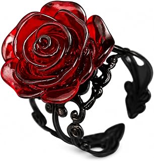 Gothic Red Rose Ring for Women Vintage Black Flower Rings Adjustable Punk Statement Band Ring Y2K Aesthetic Halloween Jewelry Gift