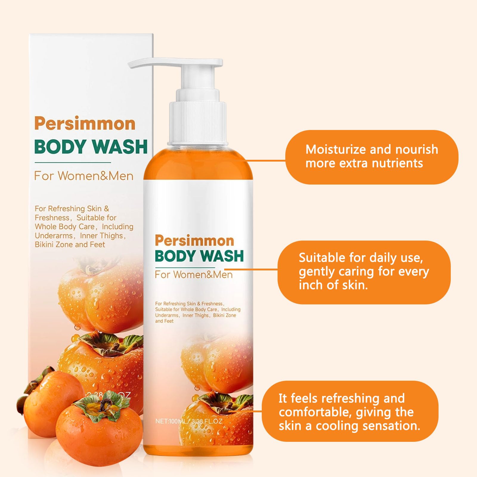 Set di sapone cachi e gel doccia Persimmon da 100 ml con sapone Persimmon, rete in schiuma per viso e corpo, pulizia profonda e idratante, per uomo e donna