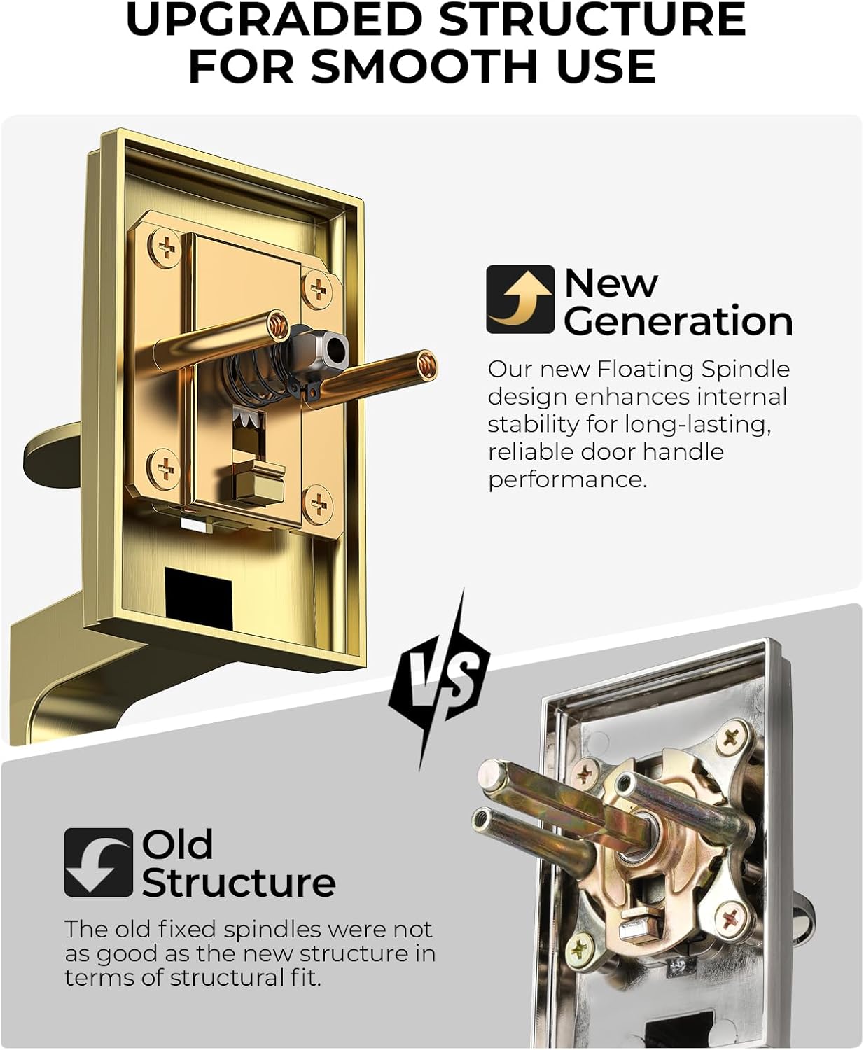 Front Door Handle No Lock, Gold Front Door Lock Set with Crystal Knob, Adjustable Exterior Entry Handleset, Lower Half Grip, Reversible for Right & Left