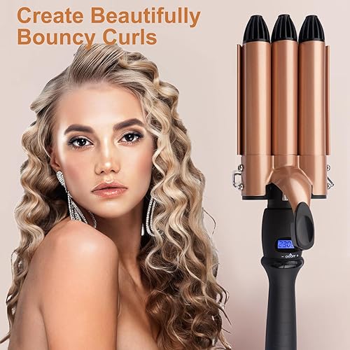 Miniatura 9 de Ondulador de cabello de 3 barriles, engarzador de cabello de doble voltaje de 1 pulgada para mujer, plancha de pelo profesional, rizador ondulado,