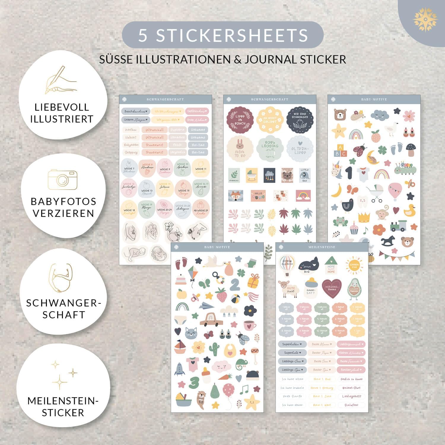 Lebenskompass Geschenk Set für Babys - Babyalbum "PURE" + Meilensteinkarten inkl. Kartenständer aus Holz + Baby Sticker Set zum verschenken zur Babyparty - liebevoll gestaltetes Erinnerungsalbum