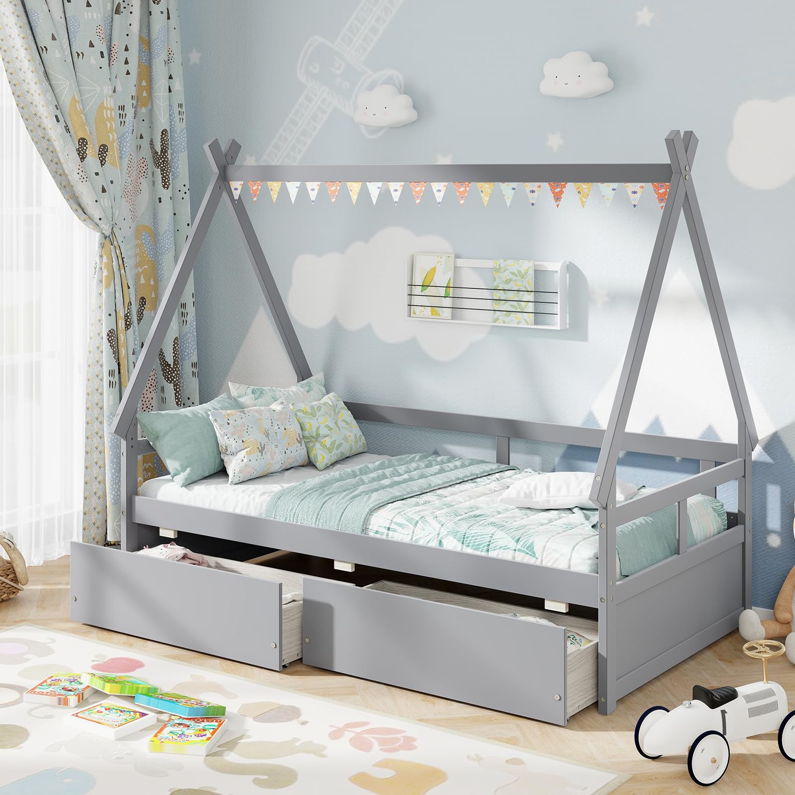 Amazon.com: Giantex Twin Bed with 2 Storage Drawers, Wood Montessori ...