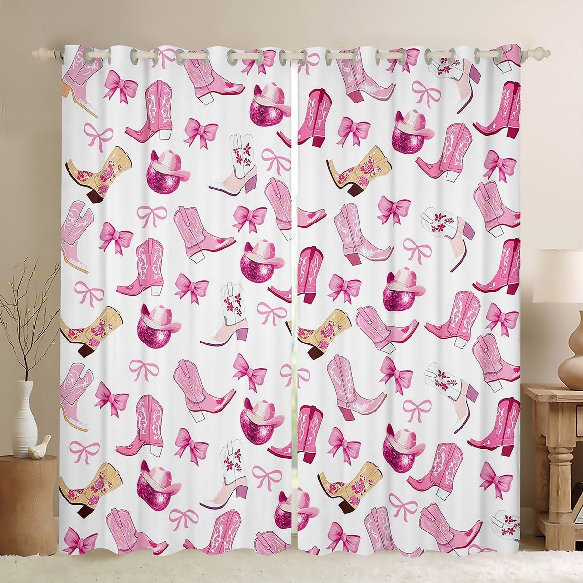 Manfei Cowgirl Kids Blackout Curtain,Princess Bow-tie Dreamy Bowknot Window Drapes for Girls Women,Cowboy Boots Hats Disco Ball Pink White Window Treatments Grommet Top 2 Panel Set,38Wx45L inch