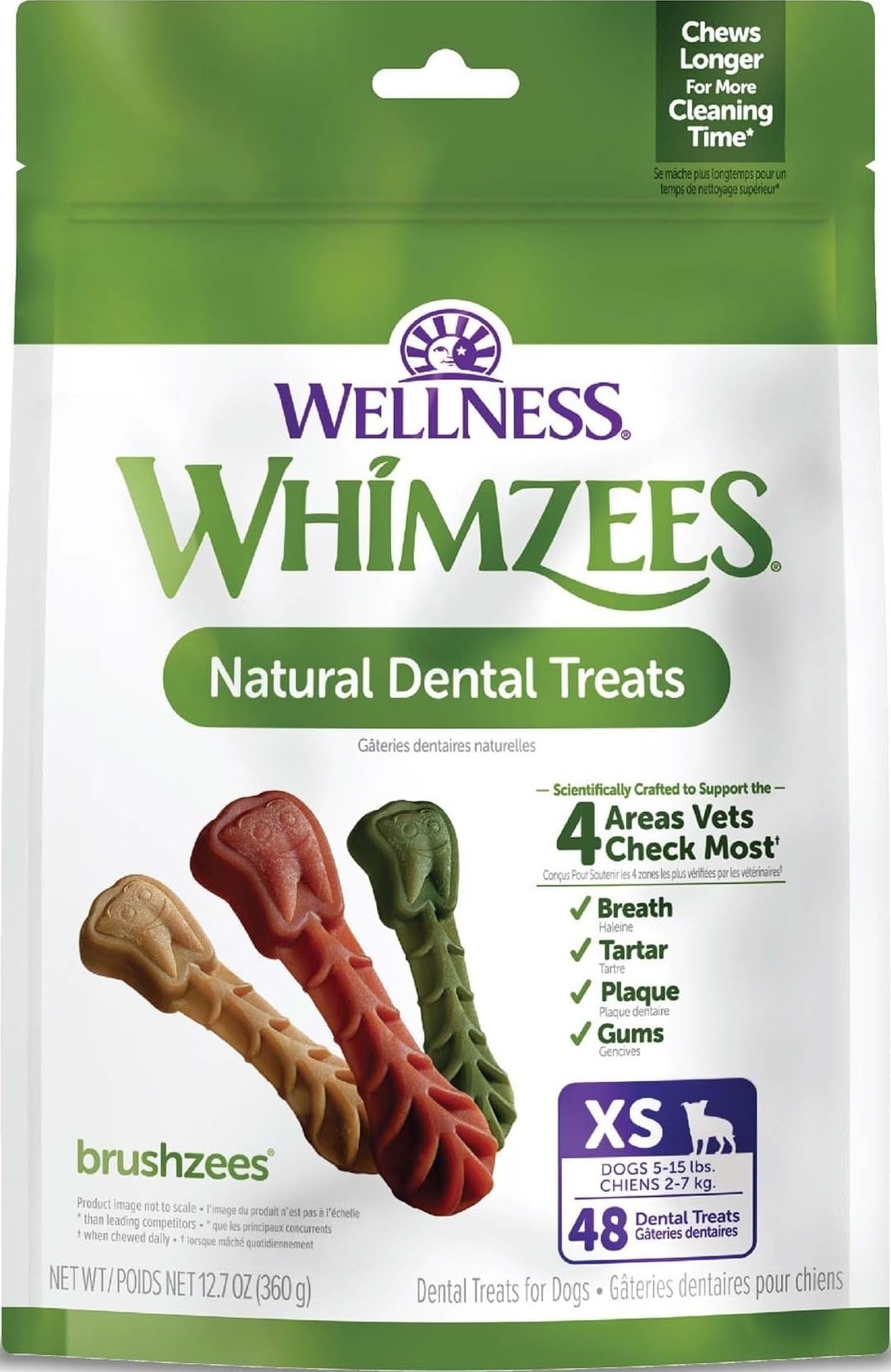 Whimzees Wellness Brushzees Natural Dog Dental Treat, VOHC Accepted Chews, Freshens Breath, Extra-Small Size, 12.7 oz Bag, 48 Count