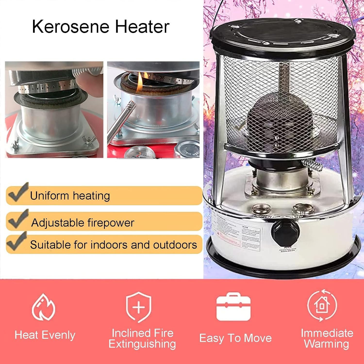 Calentadores de Queroseno Estufa Calentadores de Emergencia para Uso en Interiores Calentador No Eléctrico, con Mango/4.6L
